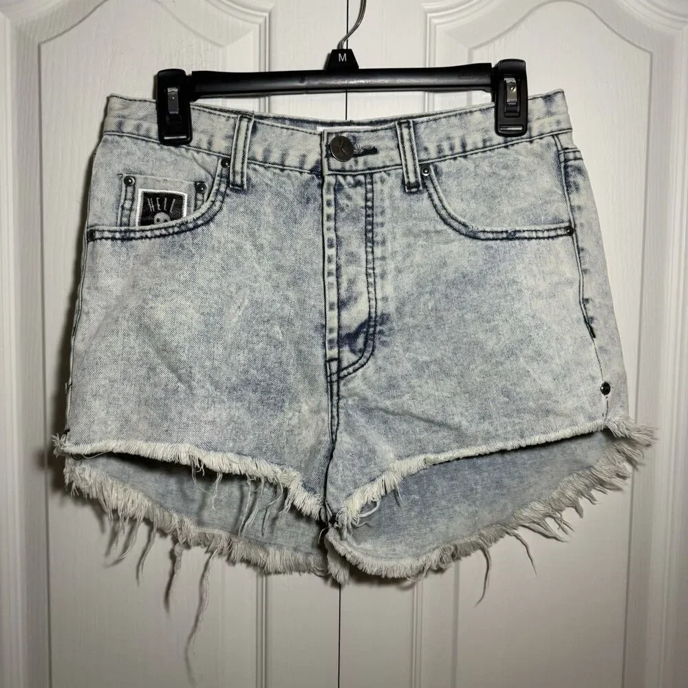 One x One Teaspoon Outlaws Distressed Low Waist Long Rise Mid Length Shorts 25